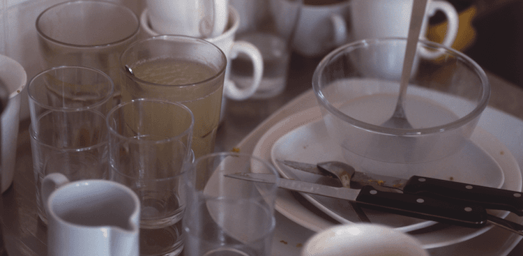a pile of dirty dishes