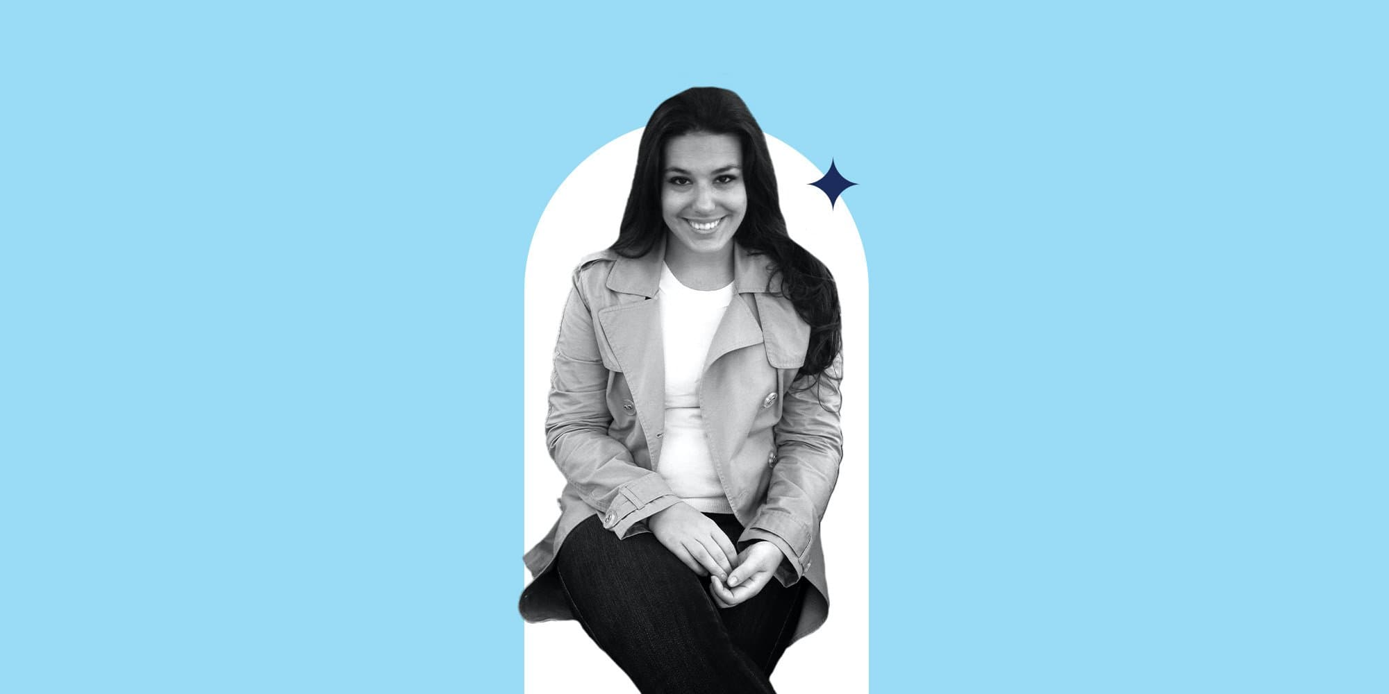 cutout image of Chloe Brooks sitting down placed against a white arch on a blue background with a navy star intersecting the arch