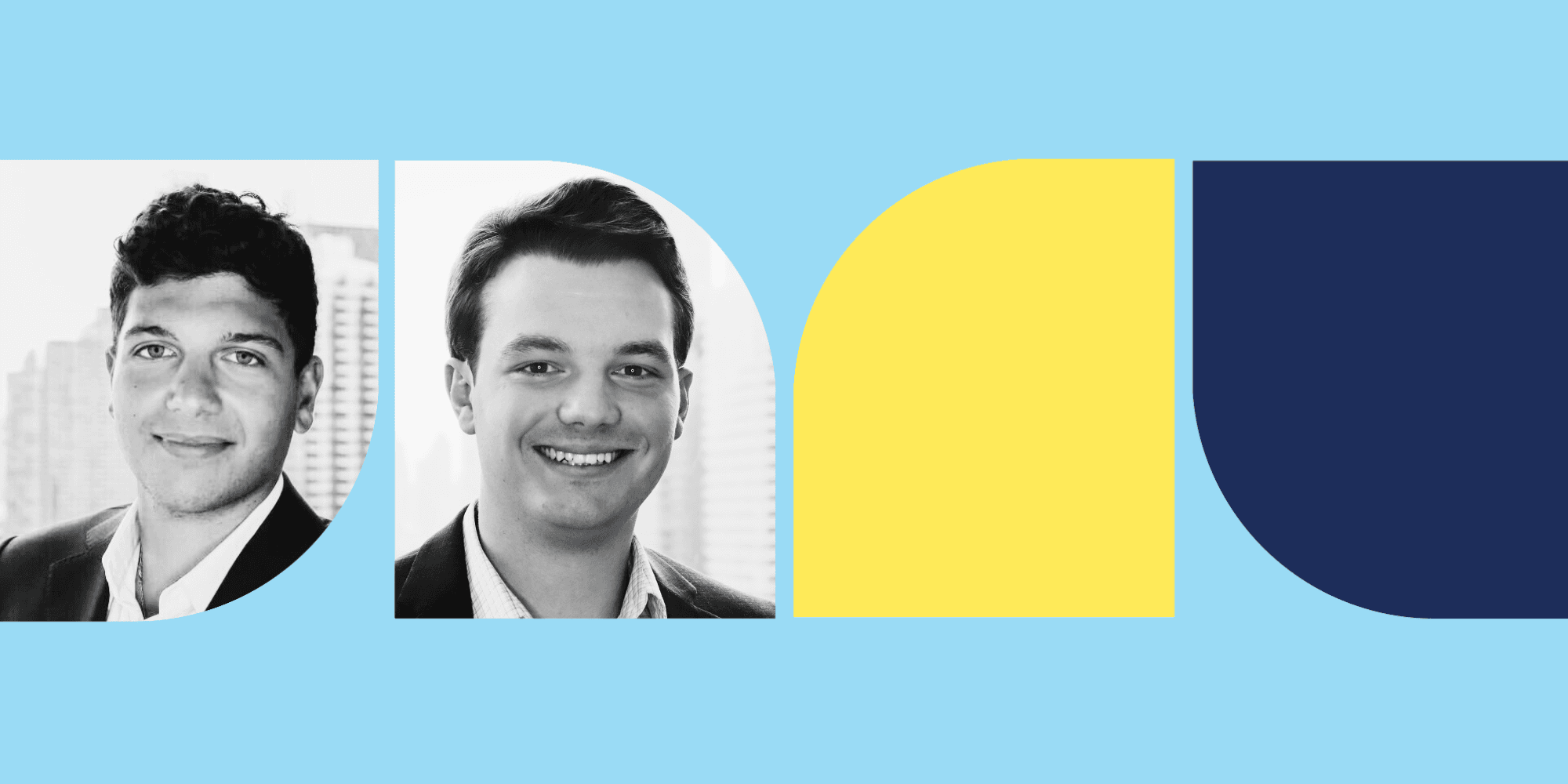 Two people facing the camera and smiling. Yellow and blue shapes are to the right of their photos.