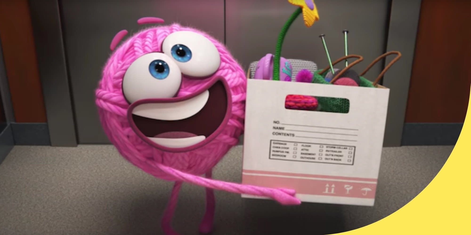 screenshot from Pixar's "Purl" video in which a pink ball of yarn character stands in front of an elevator holding a box full of office desk things