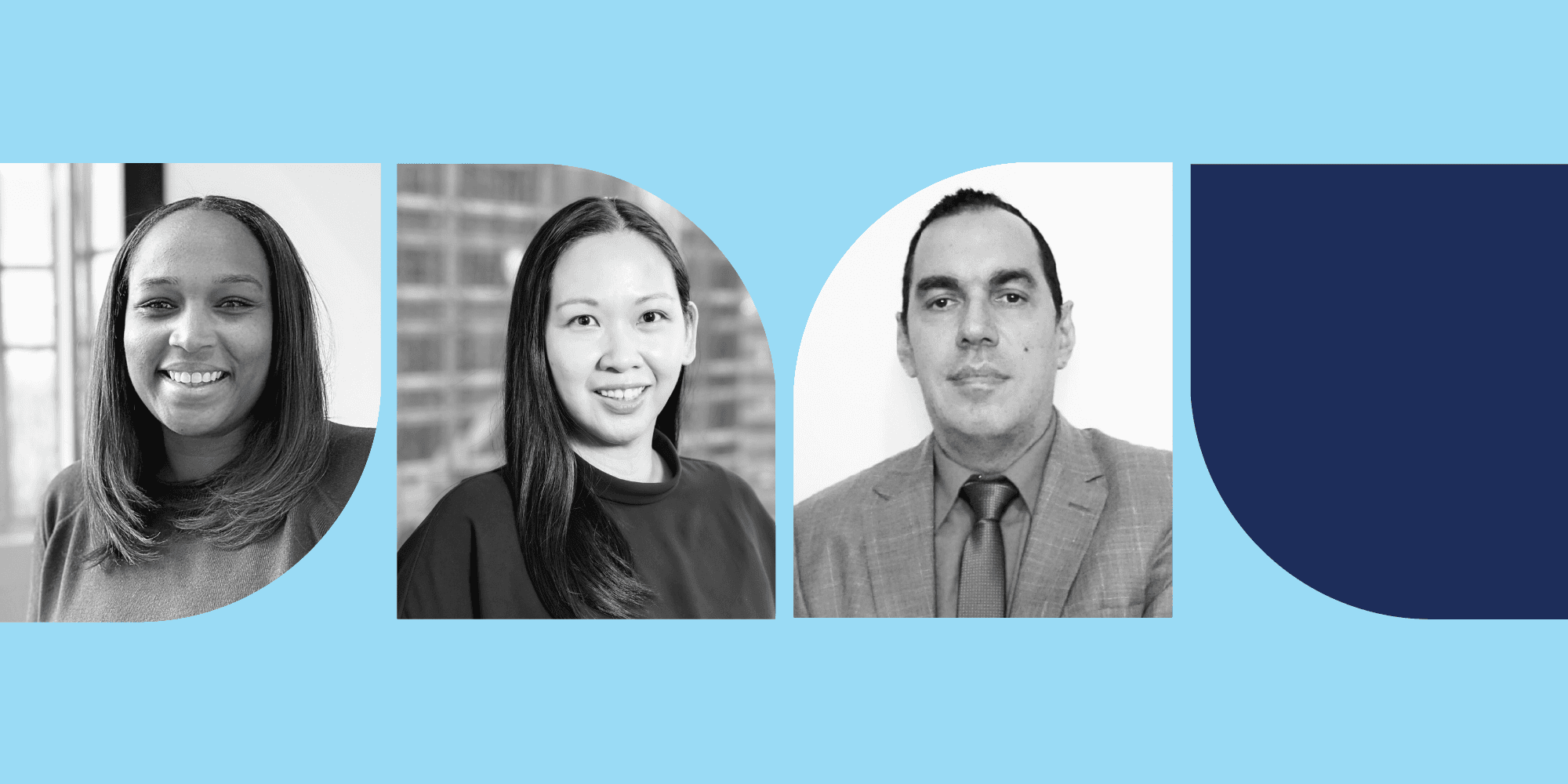 Three black and white photos of BlackRock's benefits team: Kaylyn Turner, Diamond Joy Uy, and Gabor Karmo, on a light blue background.
