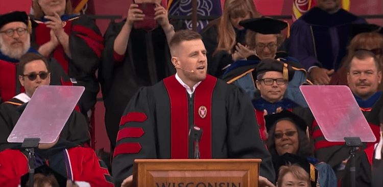 J.J. Watt speaking to the class of 2019 at the University of Wisconsin-Madison