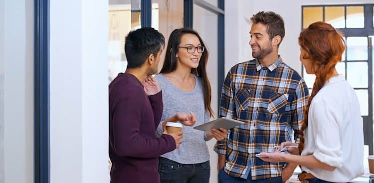 people at work talking